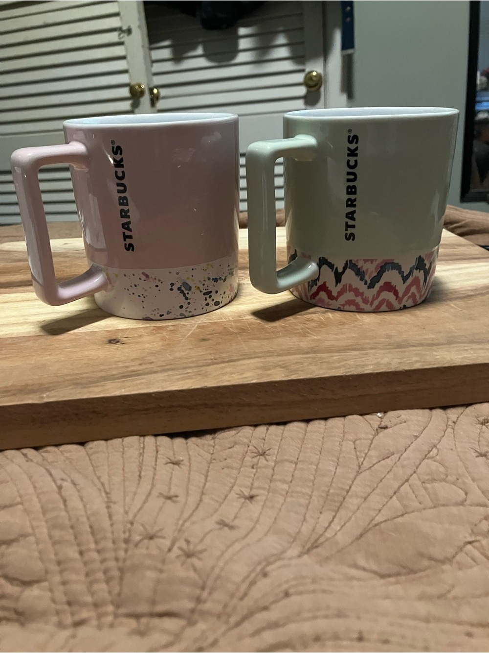 Starbucks Ceramic Mugs in Pink & Sage with Patterned Bases - Set of 2